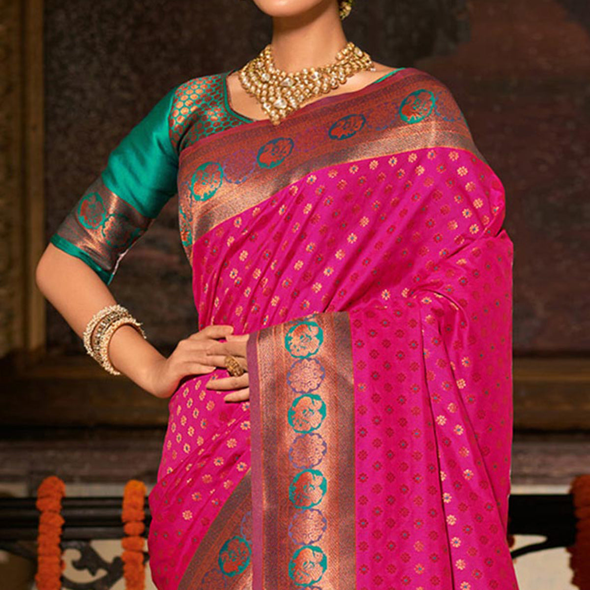 Rani Pink Woven Banarasi Silk Saree With Tassels