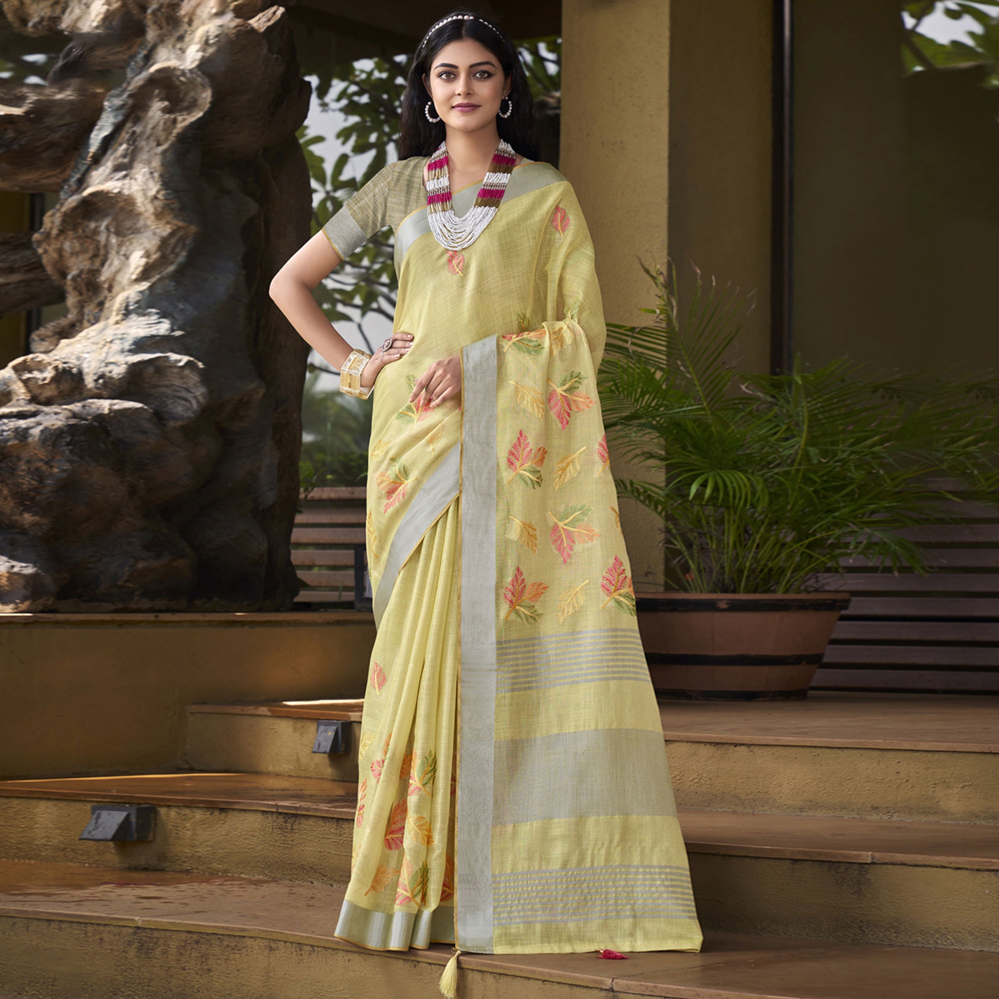 Yellow Floral Embroidered Linen Saree With Tassels