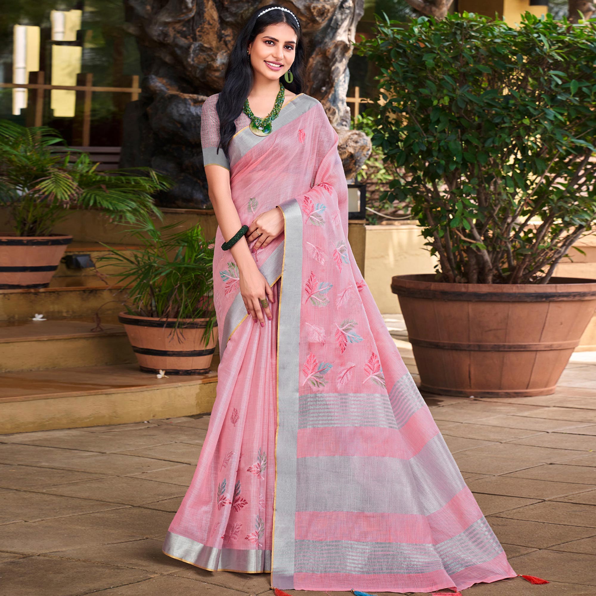 Pink Floral Embroidered Linen Saree With Tassels