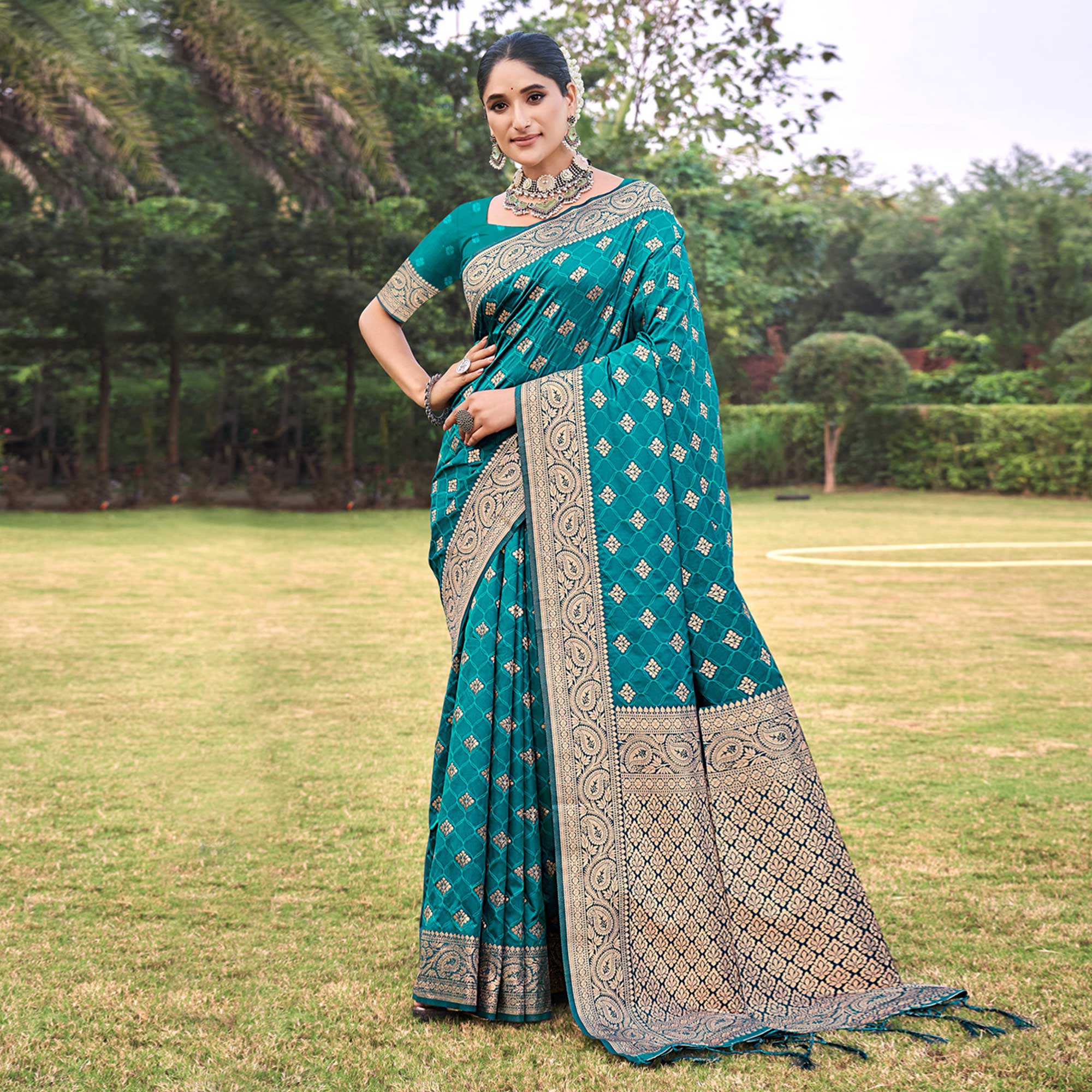 Rama Blue Floral Woven Kanjivaram Silk Saree With Tassels
