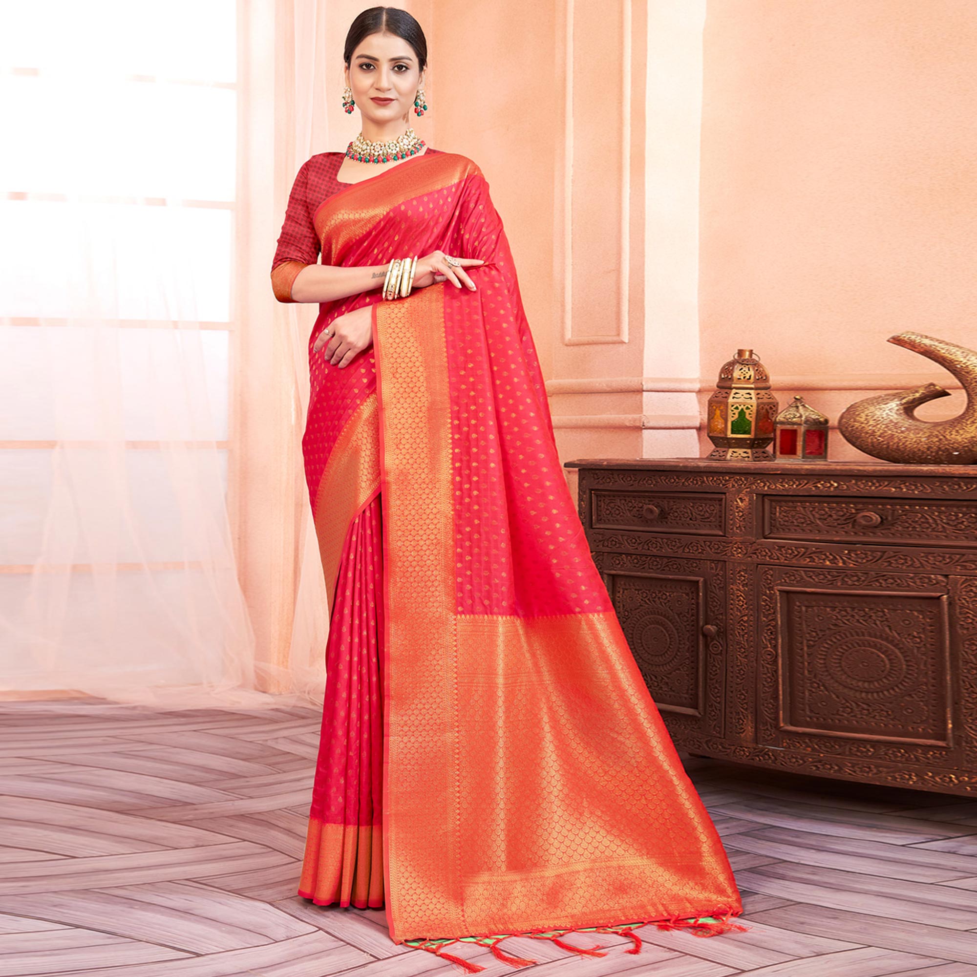 Pink Woven Banarasi Silk Saree With Tassels