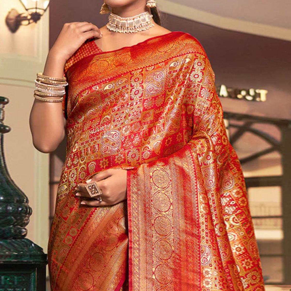Red Floral Woven Kanjivaram Silk Saree