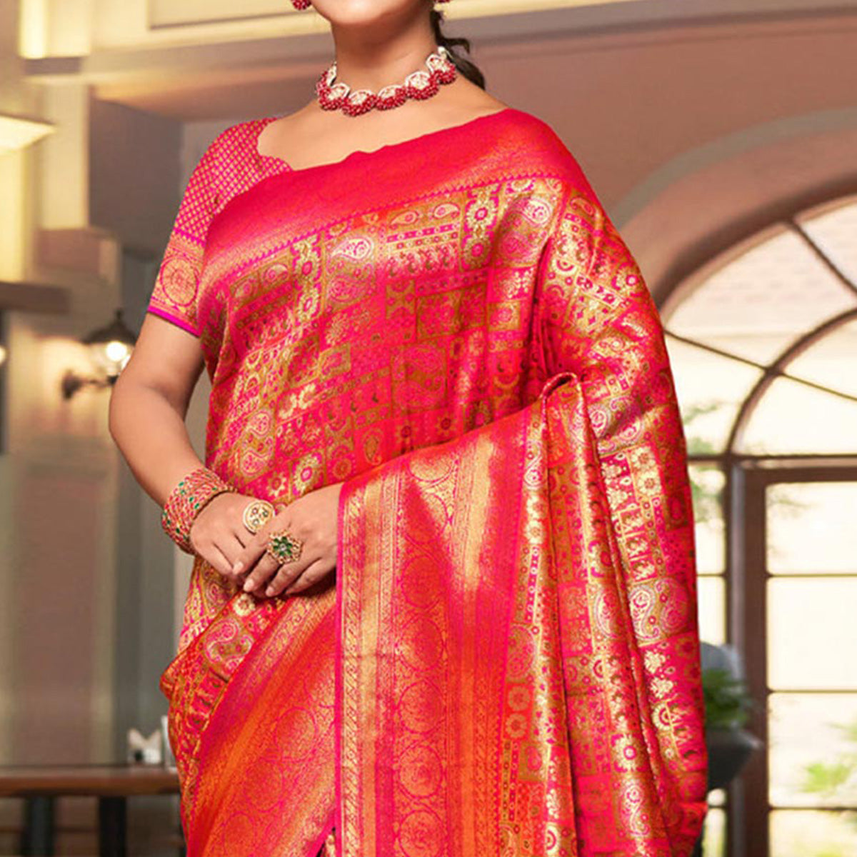 Pink Floral Woven Kanjivaram Silk Saree