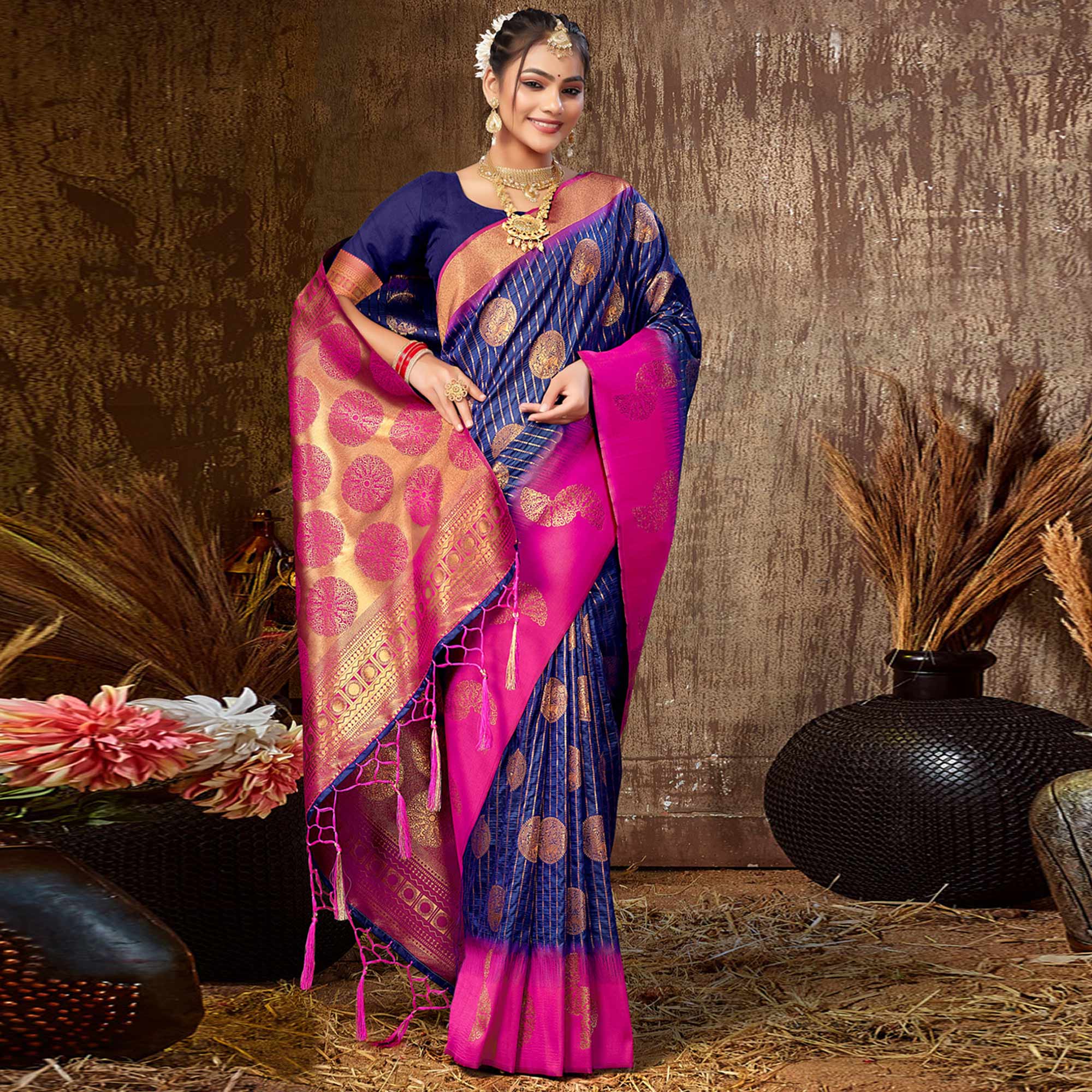 Blue Woven Banarasi Silk Saree With Tassels