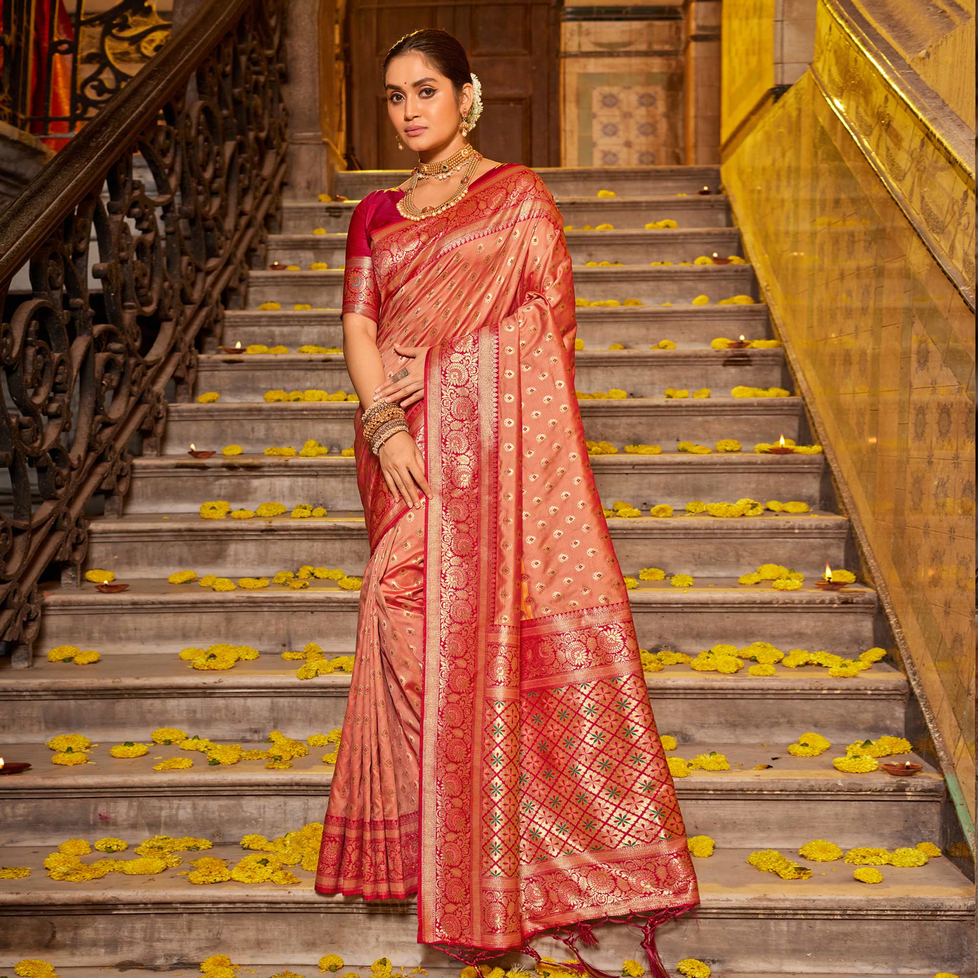 Peach Woven Banarasi Silk Saree With Tassels