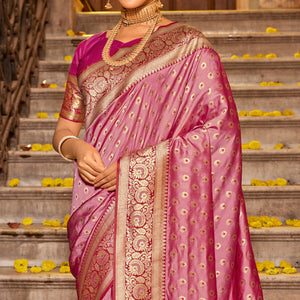 Pink Woven Banarasi Silk Saree With Tassels