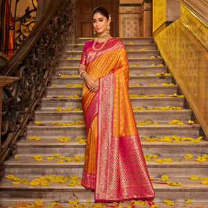 Yellow Woven Banarasi Silk Saree With Tassels