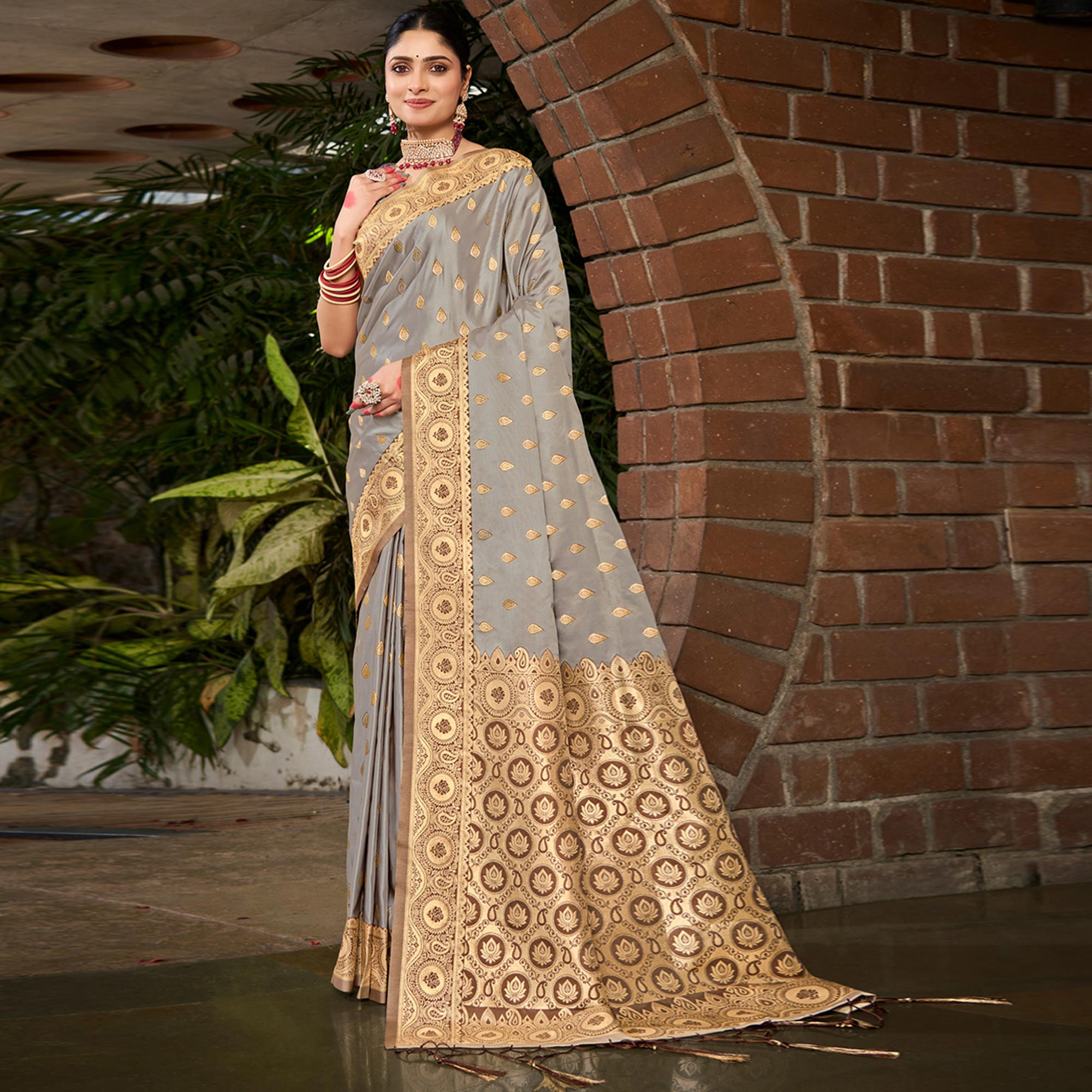 Grey Woven Satin Silk Saree With Tassels