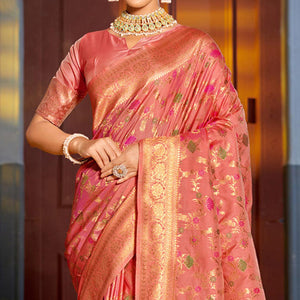 Peach Floral Woven Banarasi Silk Saree With Tassels
