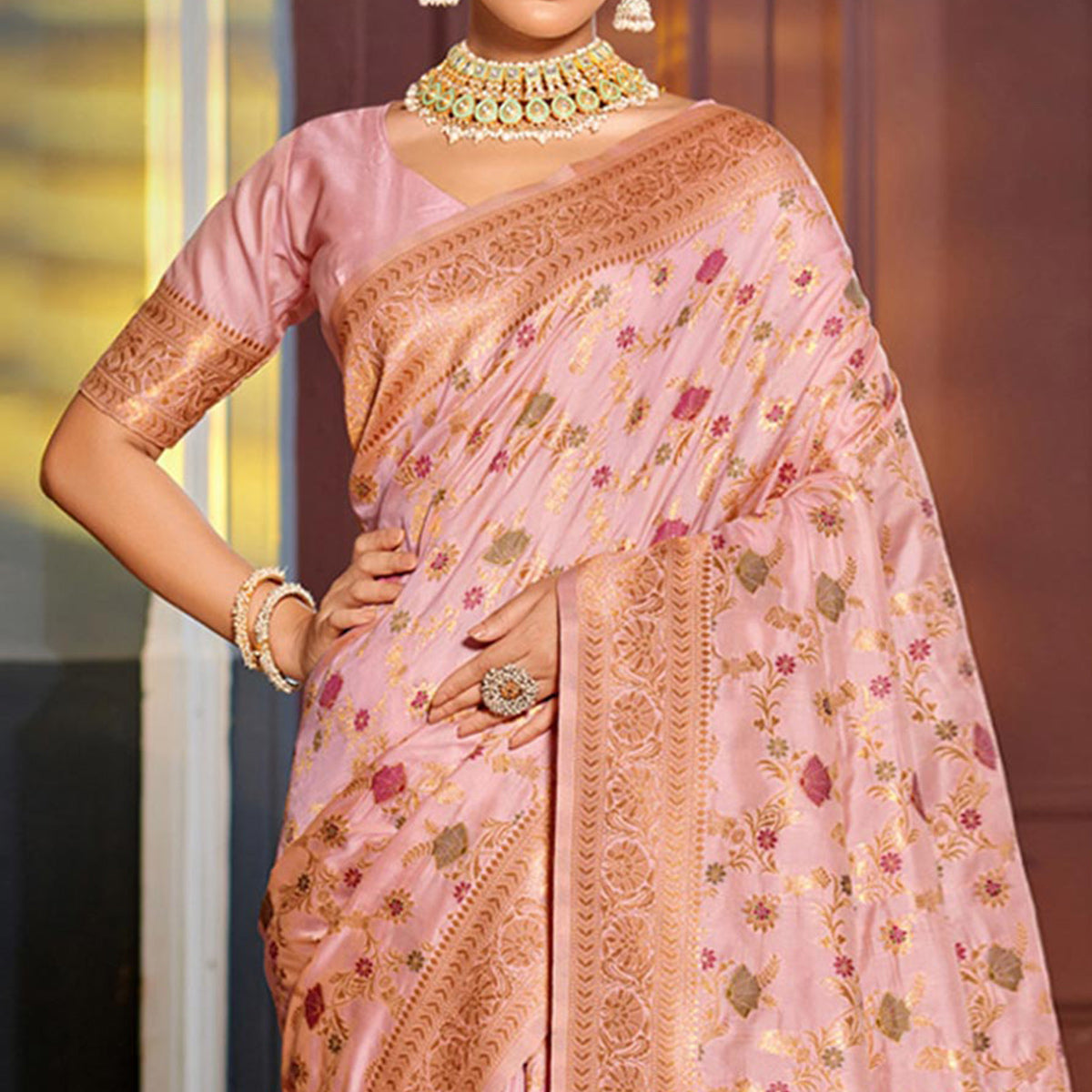 Pink Floral Woven Banarasi Silk Saree With Tassels