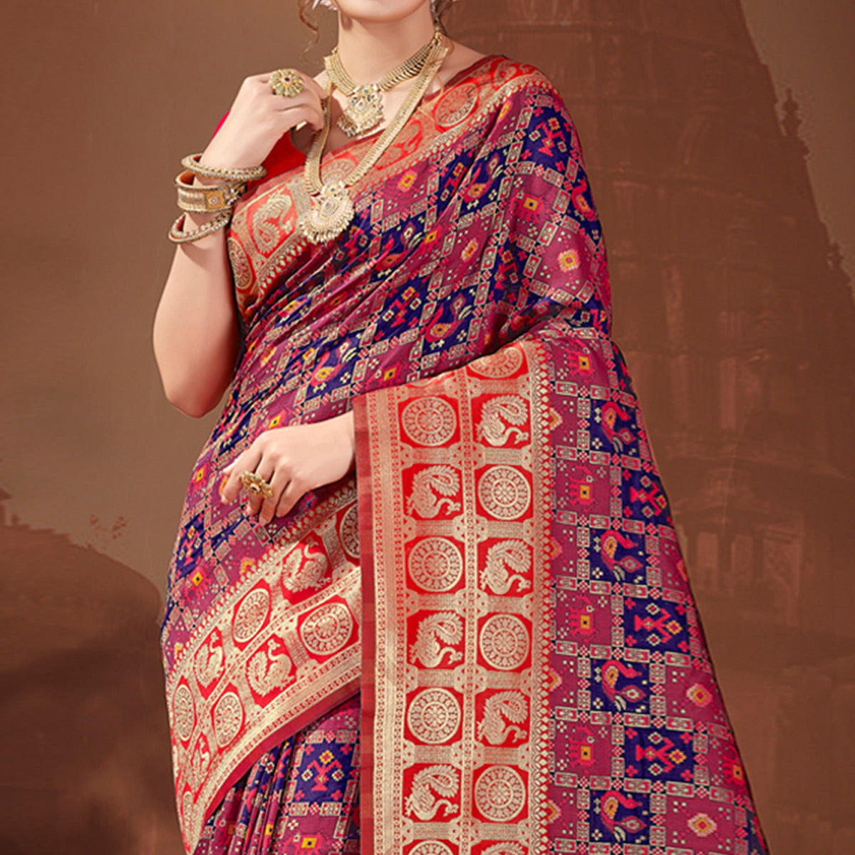 Navy Blue & Pink Woven Patola Banarasi Silk Saree With Tassels