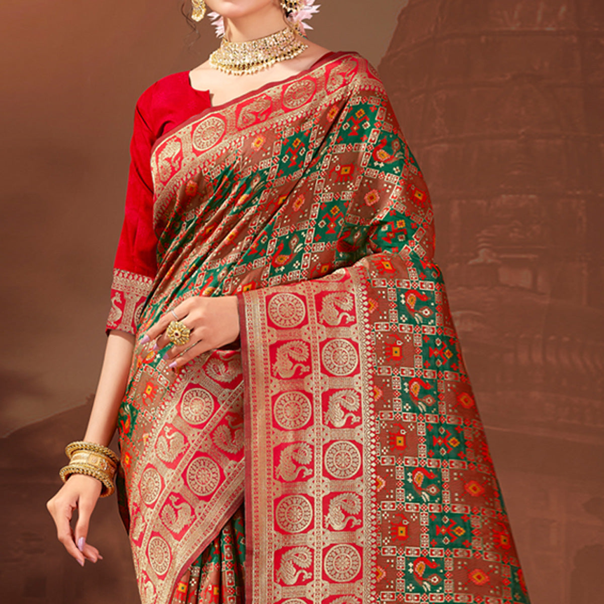 Green & Rust Woven Patola Banarasi Silk Saree With Tassels