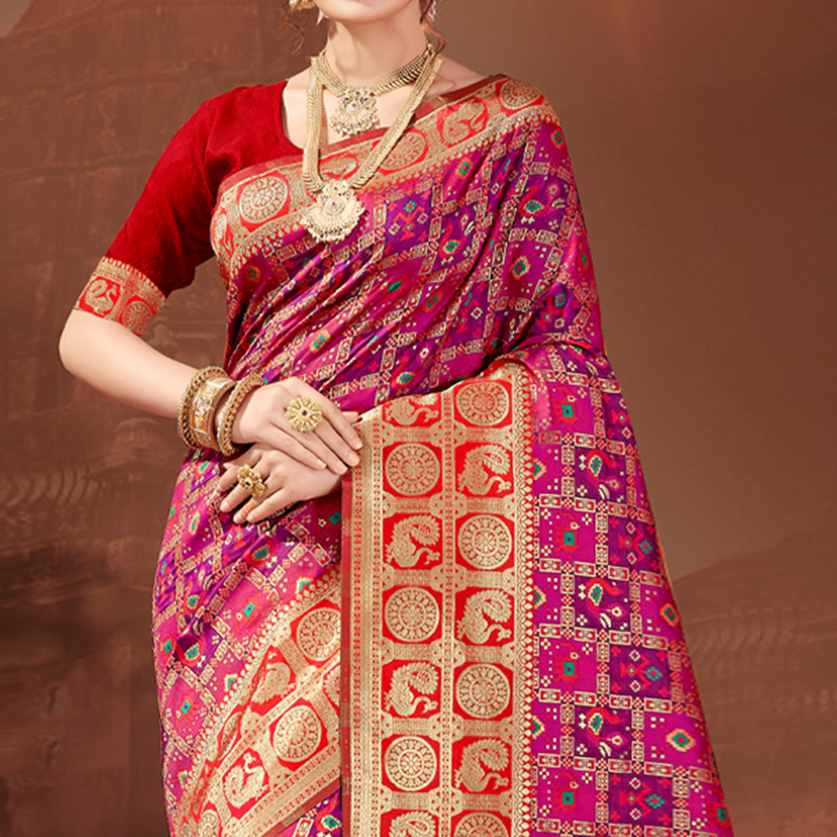Magenta Pink Woven Patola Banarasi Silk Saree With Tassels
