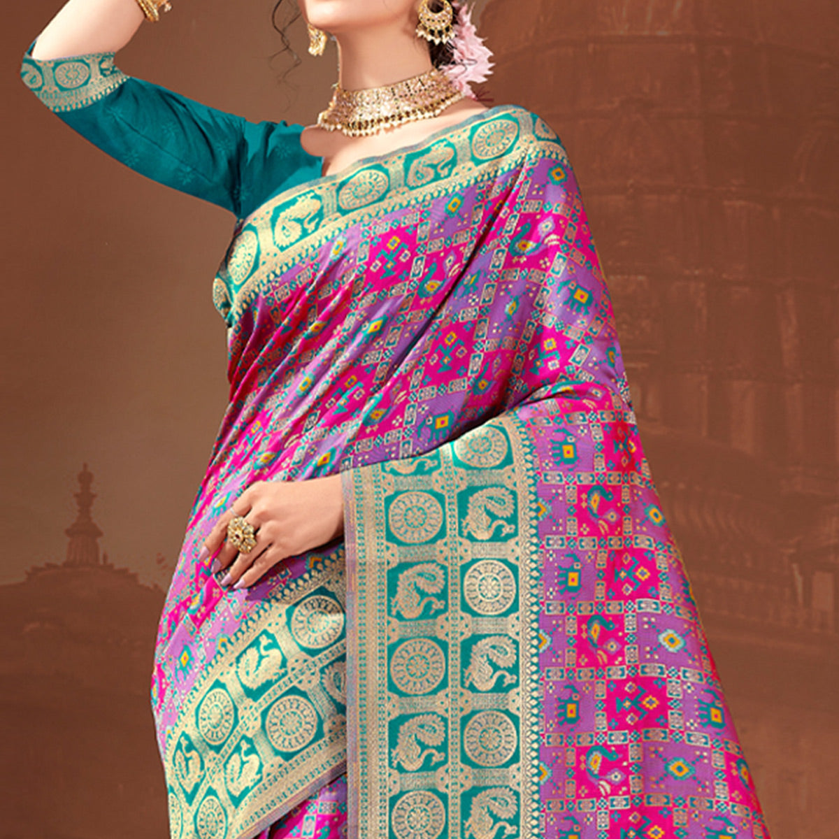 Purple & Pink Woven Patola Banarasi Silk Saree With Tassels