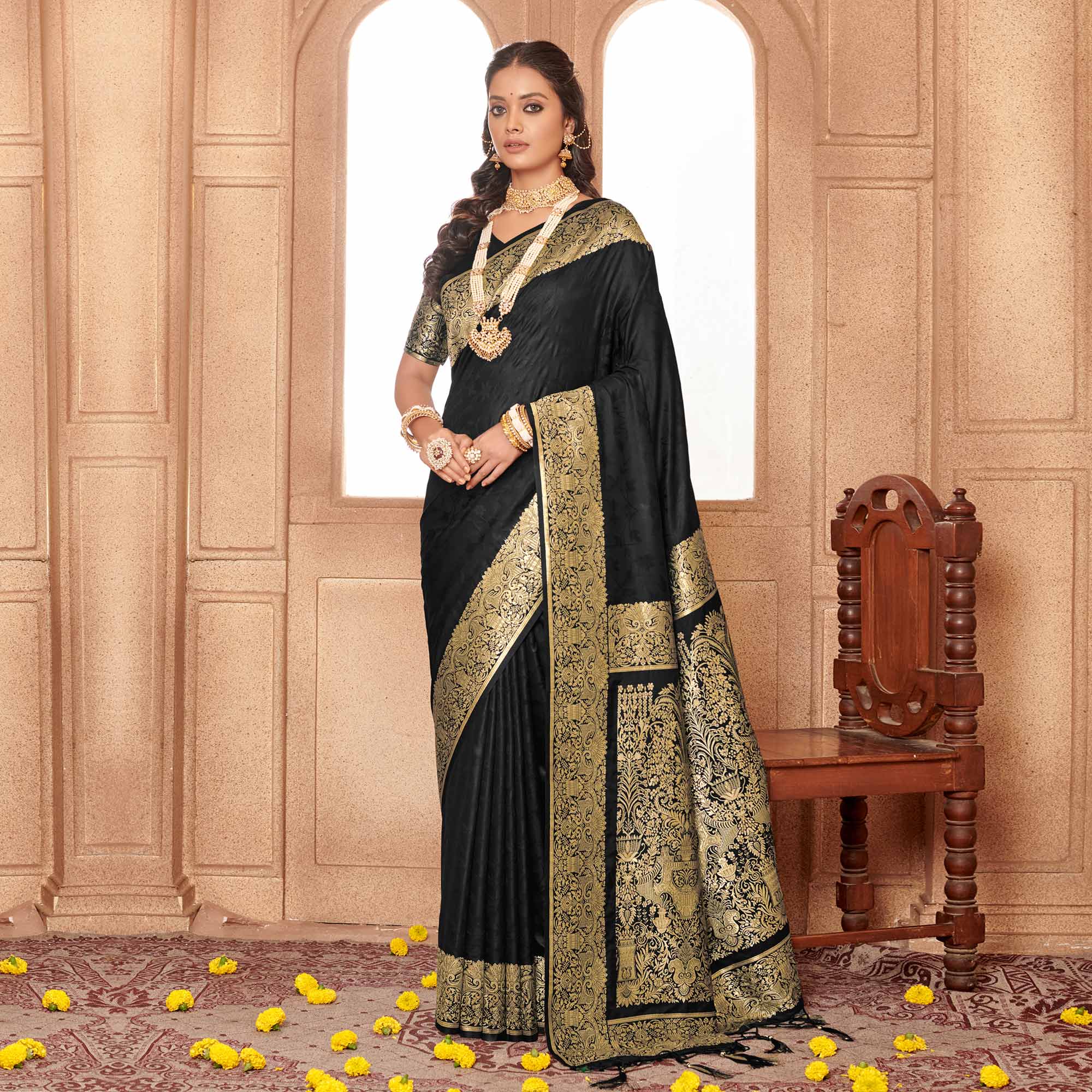 Black Floral Woven Banarasi Silk Saree With Tassels