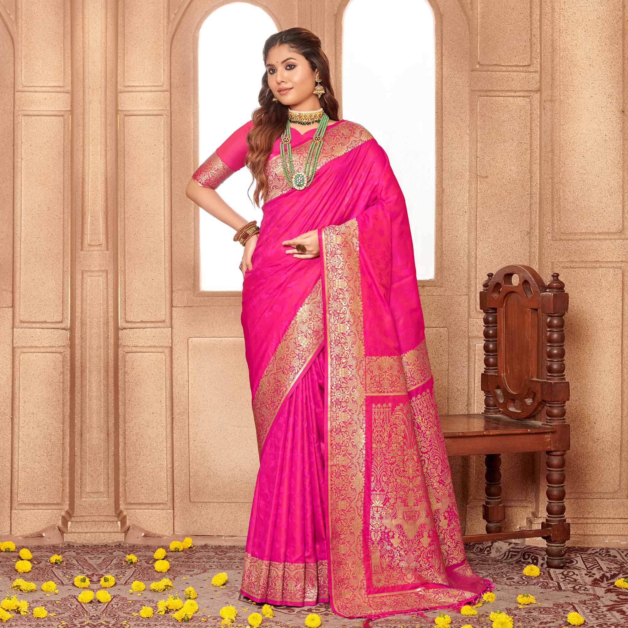 Rani Pink Floral Woven Banarasi Silk Saree With Tassels