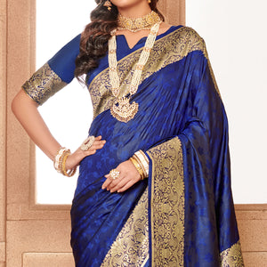 Blue Floral Woven Banarasi Silk Saree With Tassels