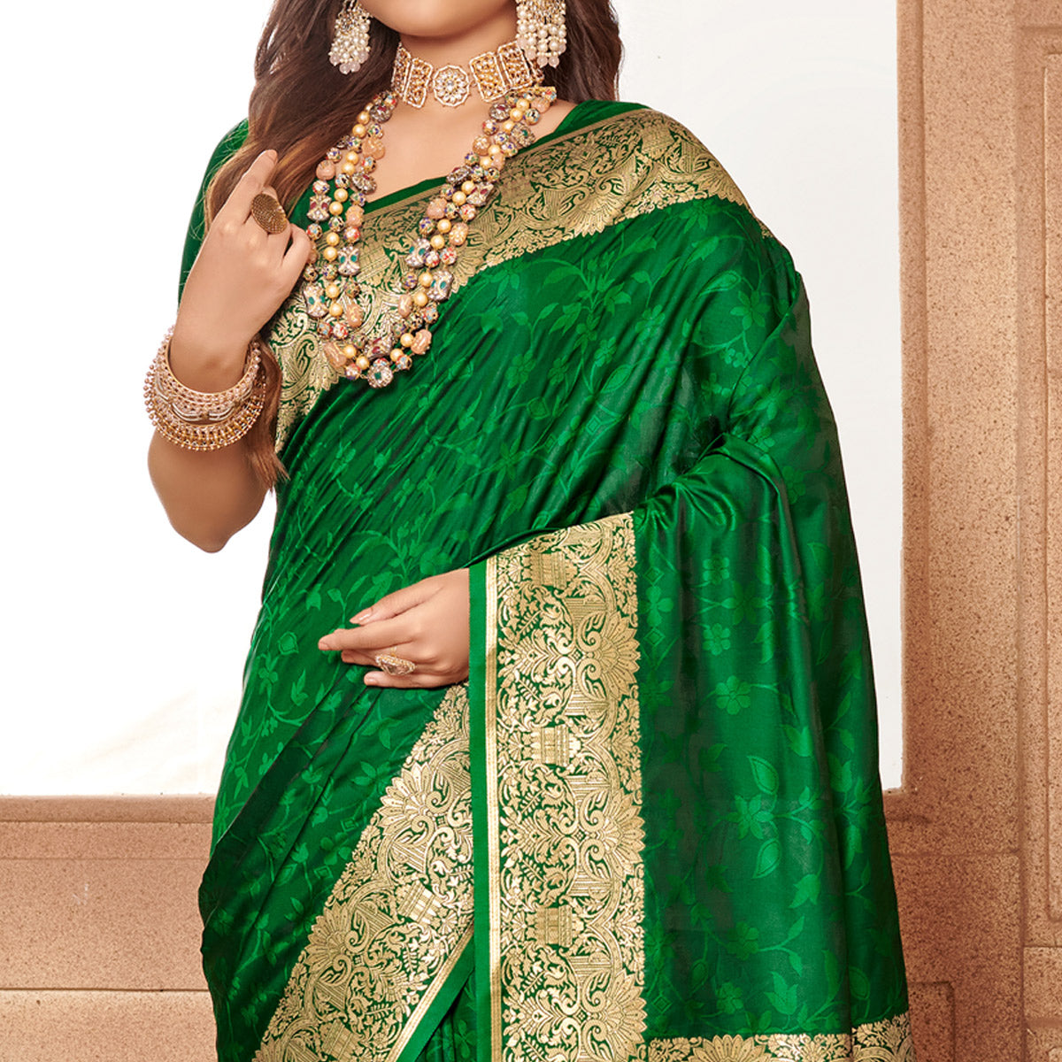 Green Floral Woven Banarasi Silk Saree With Tassels