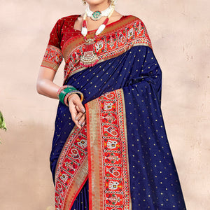 Navy Blue Woven Patola Banarasi Silk Saree With Tassels