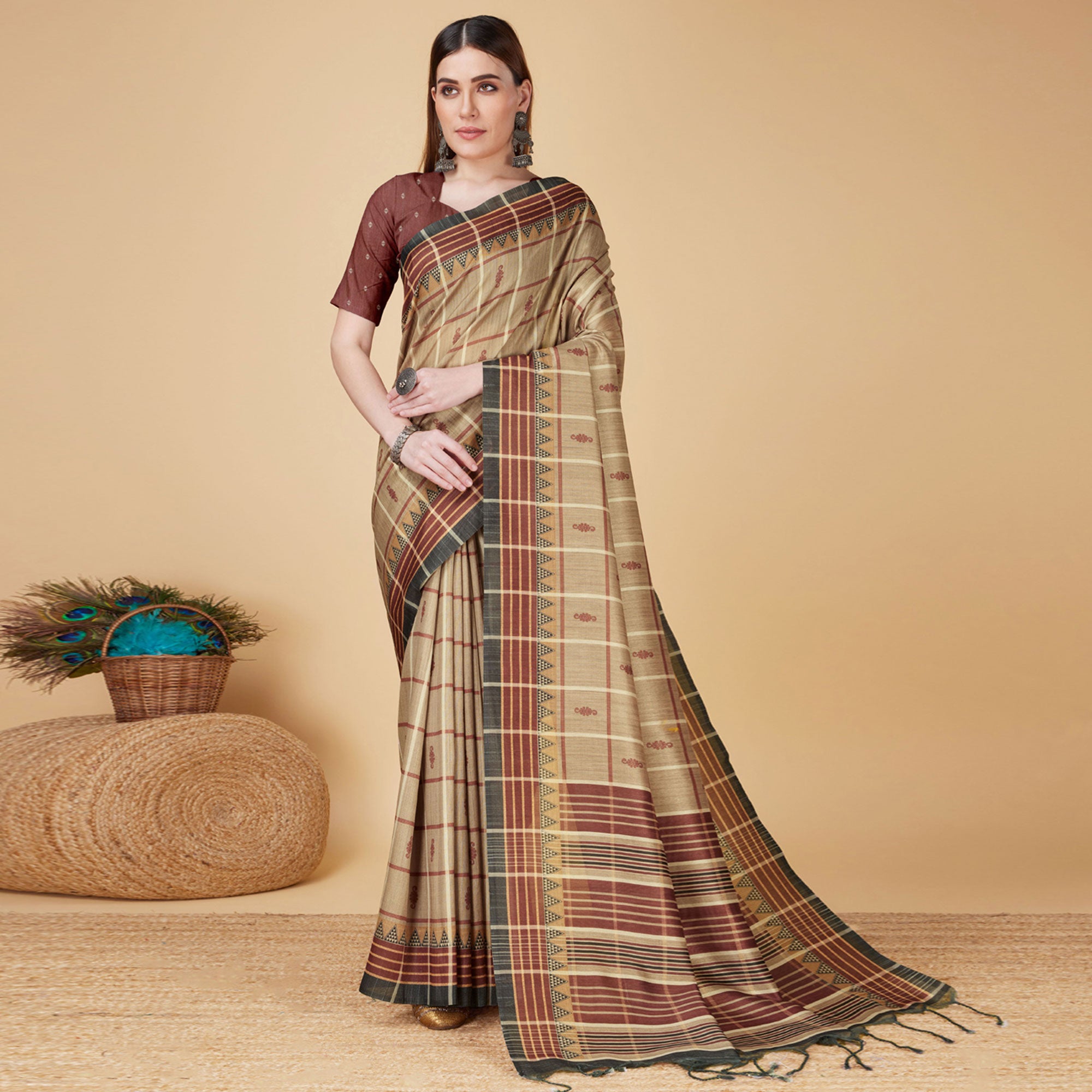 Beige Digital Printed Cotton Silk Saree With Tassels
