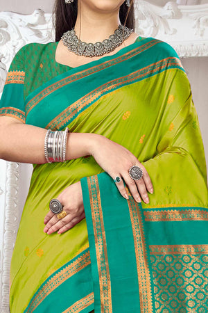 Classic Parrot Green Floral Motif Weaving Silk Blend Saree With Tassel Pallu