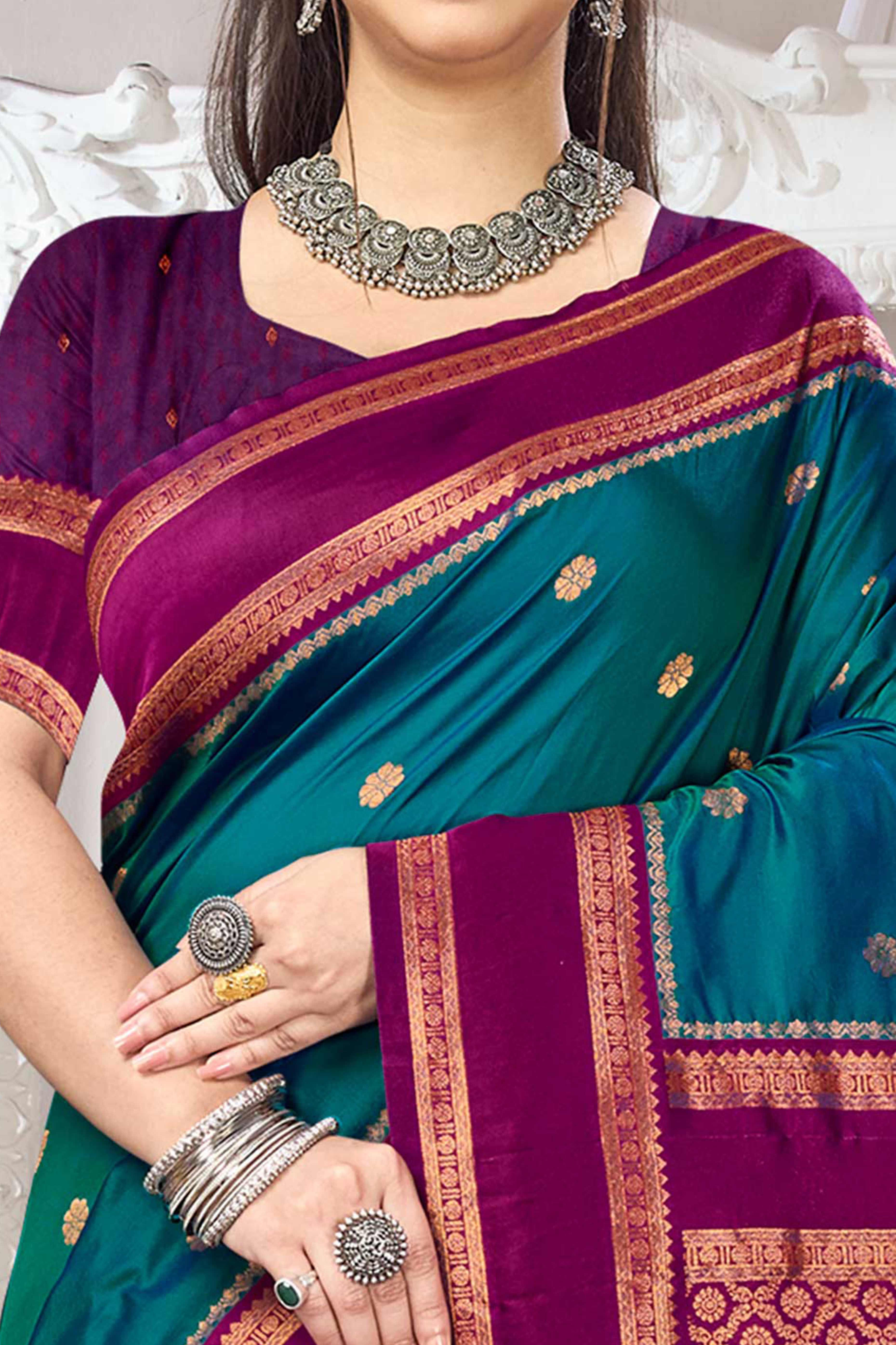 Classic Morpich Blue Floral Motif Weaving Silk Blend Saree With Tassel Pallu