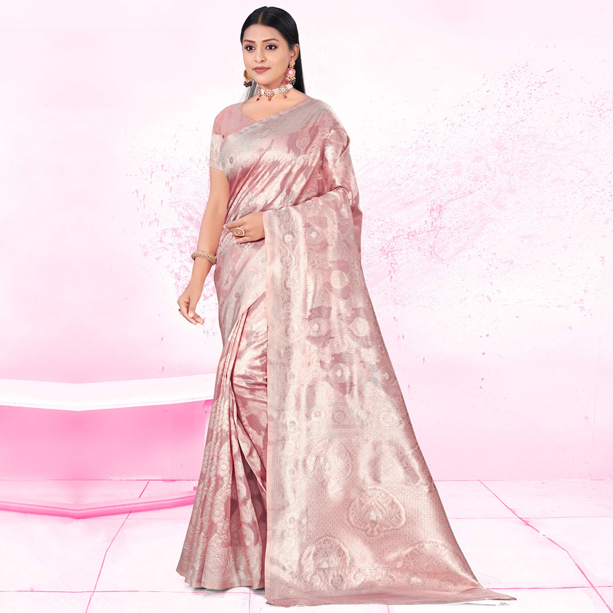 Peach Woven Cotton Blend Saree