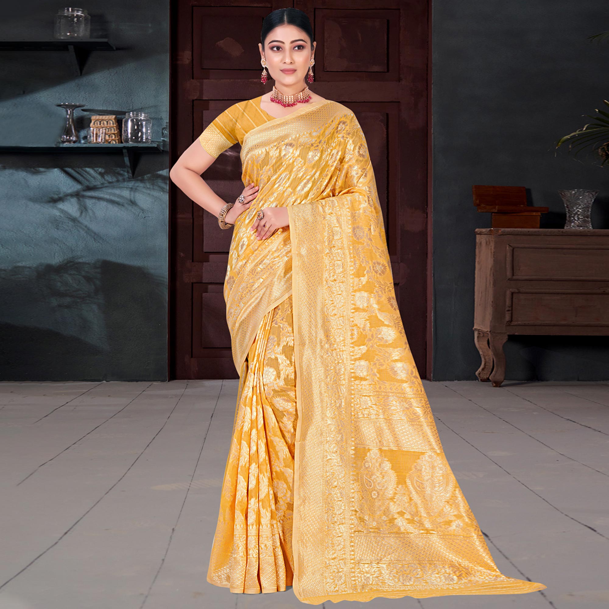 Mustard Floral Woven Cotton Blend Saree