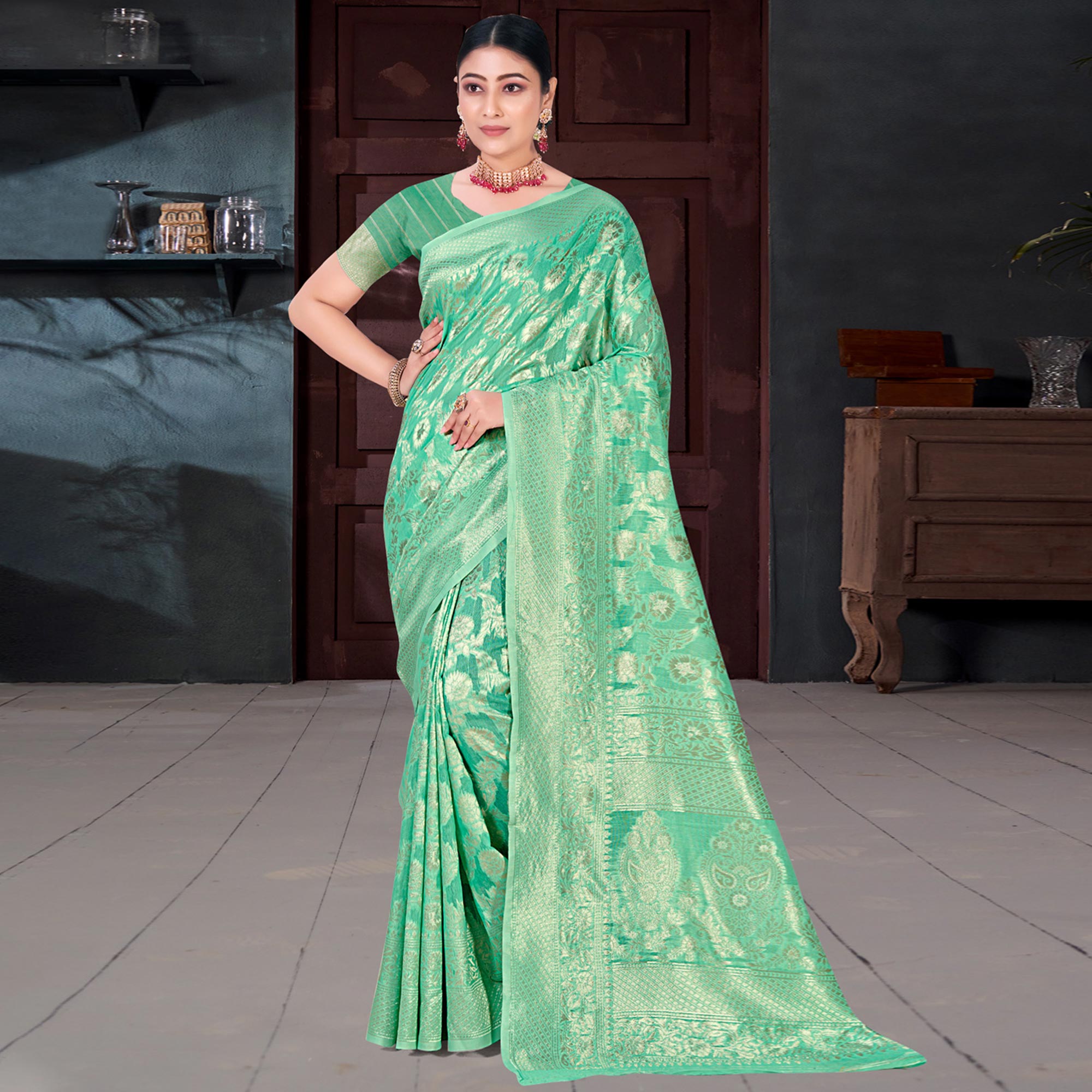 Sea Green Floral Woven Cotton Blend Saree