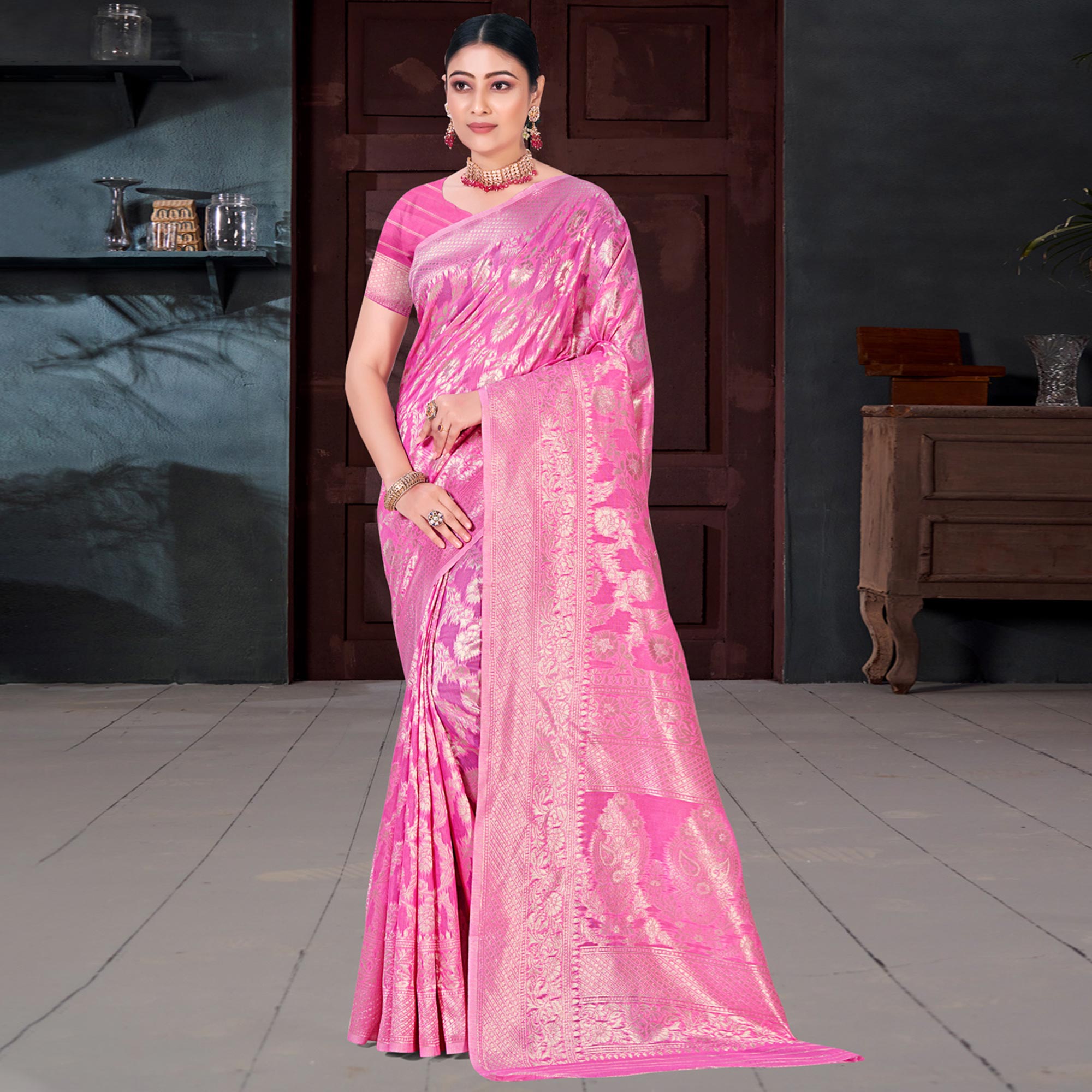 Pink Floral Woven Cotton Blend Saree