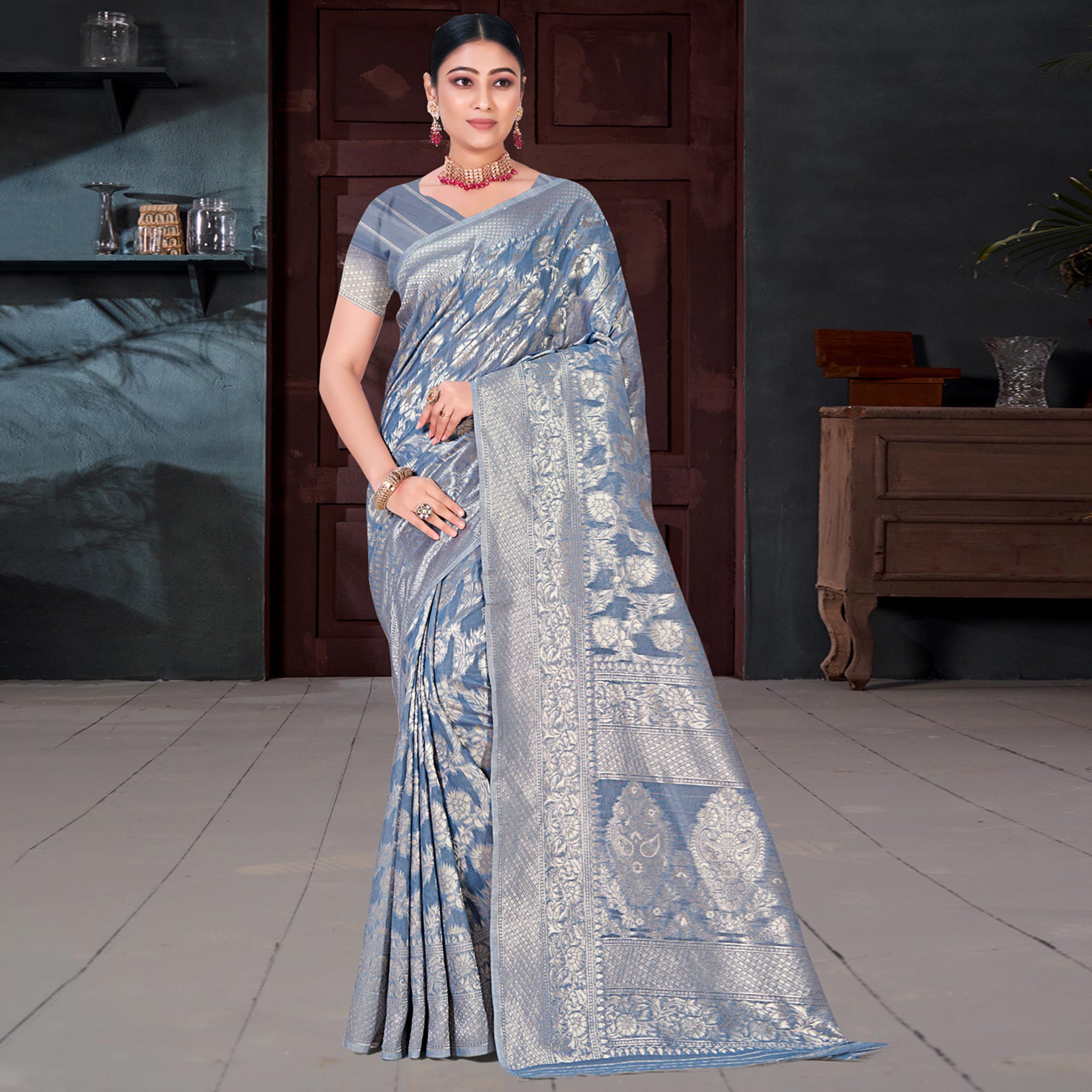 Greyish Blue Floral Woven Cotton Blend Saree