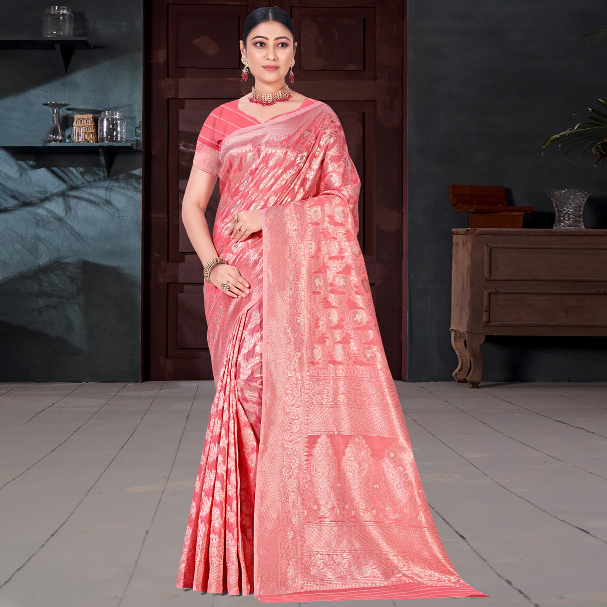 Gajari Pink Floral Woven Cotton Blend Saree