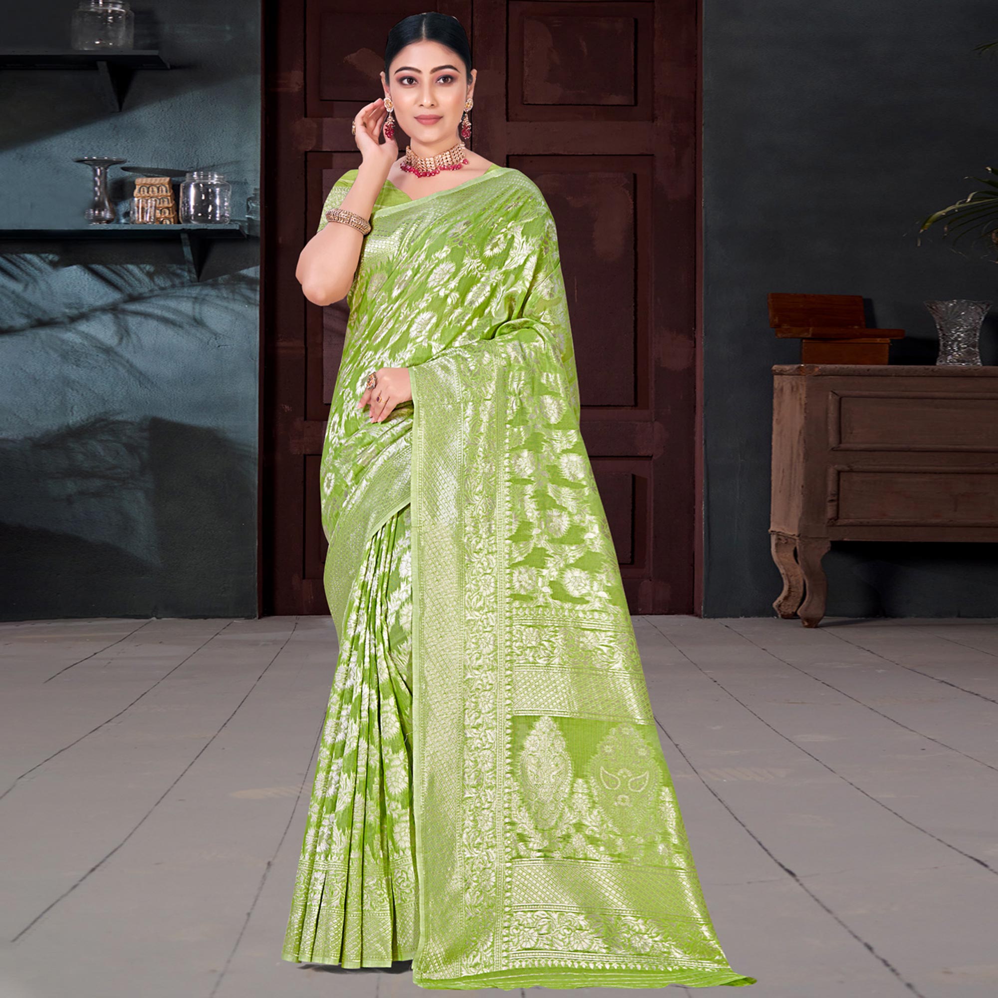 Green Floral Woven Cotton Blend Saree