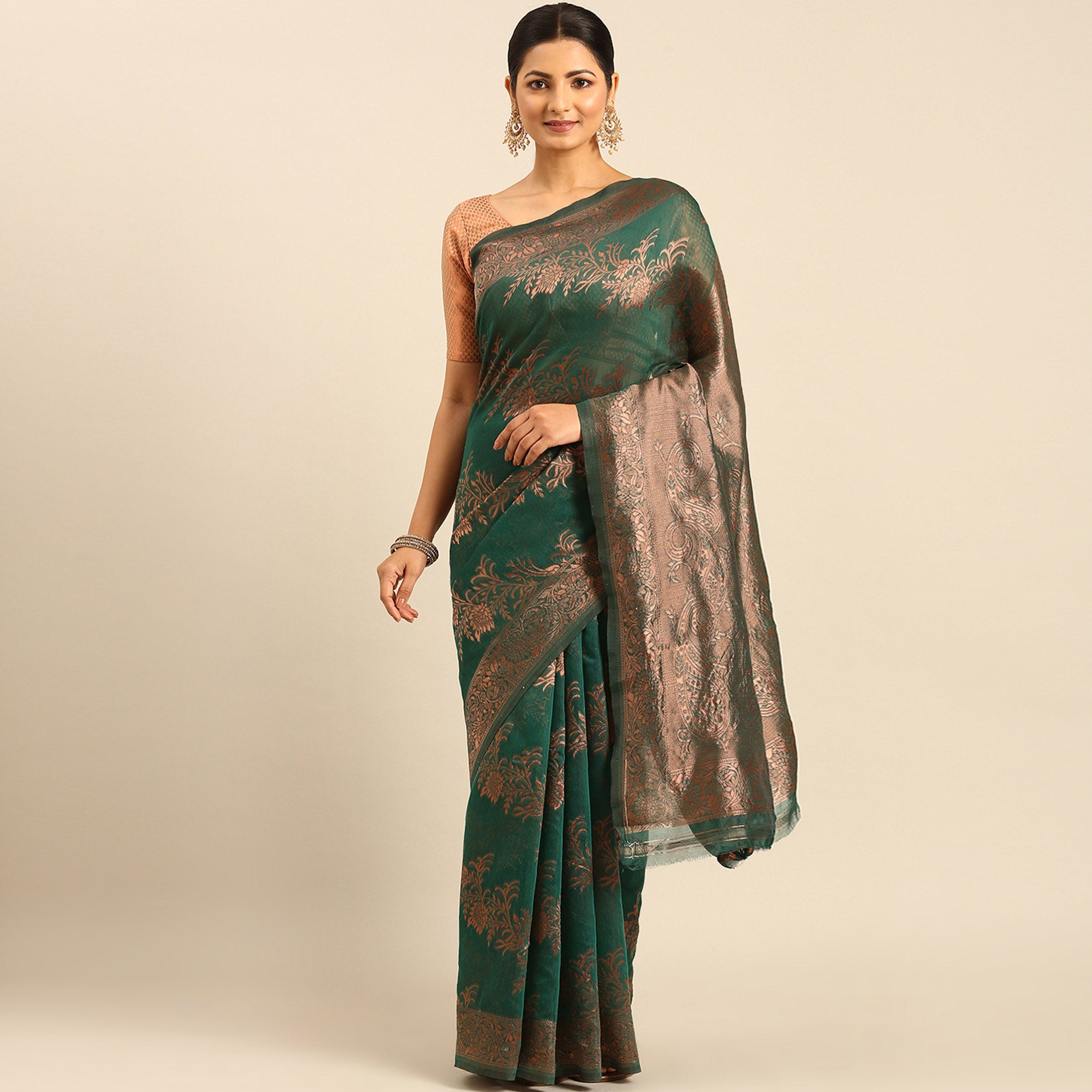 Rama Green Floral Woven Cotton Silk Saree