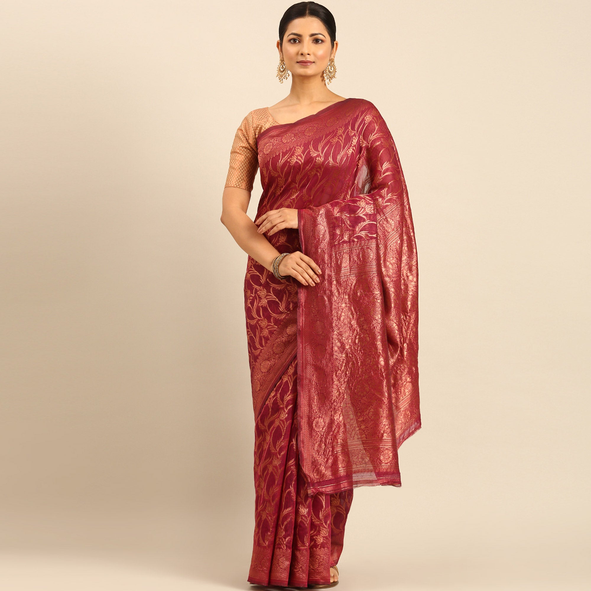 Magenta Floral Woven Cotton Silk Saree