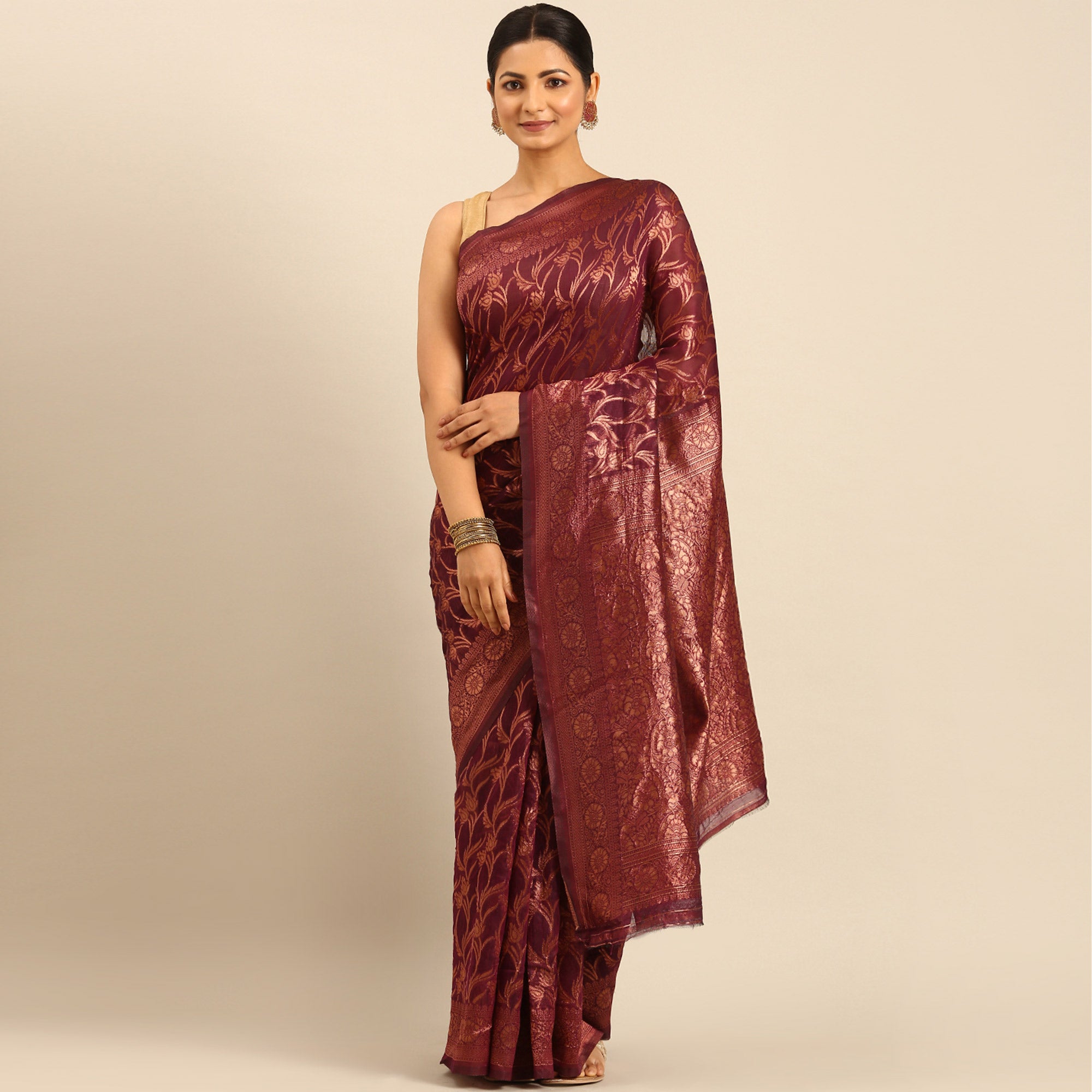 Wine Floral Woven Cotton Silk Saree