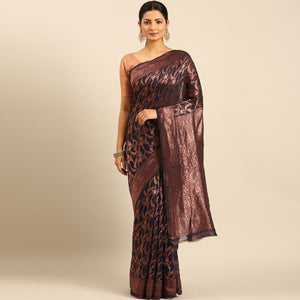 Navy Blue Floral Woven Cotton Silk Saree