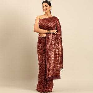 Maroon Floral Woven Cotton Silk Saree
