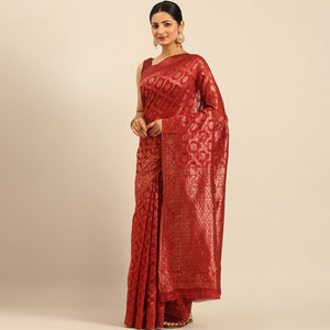Red Floral Woven Cotton Silk Saree