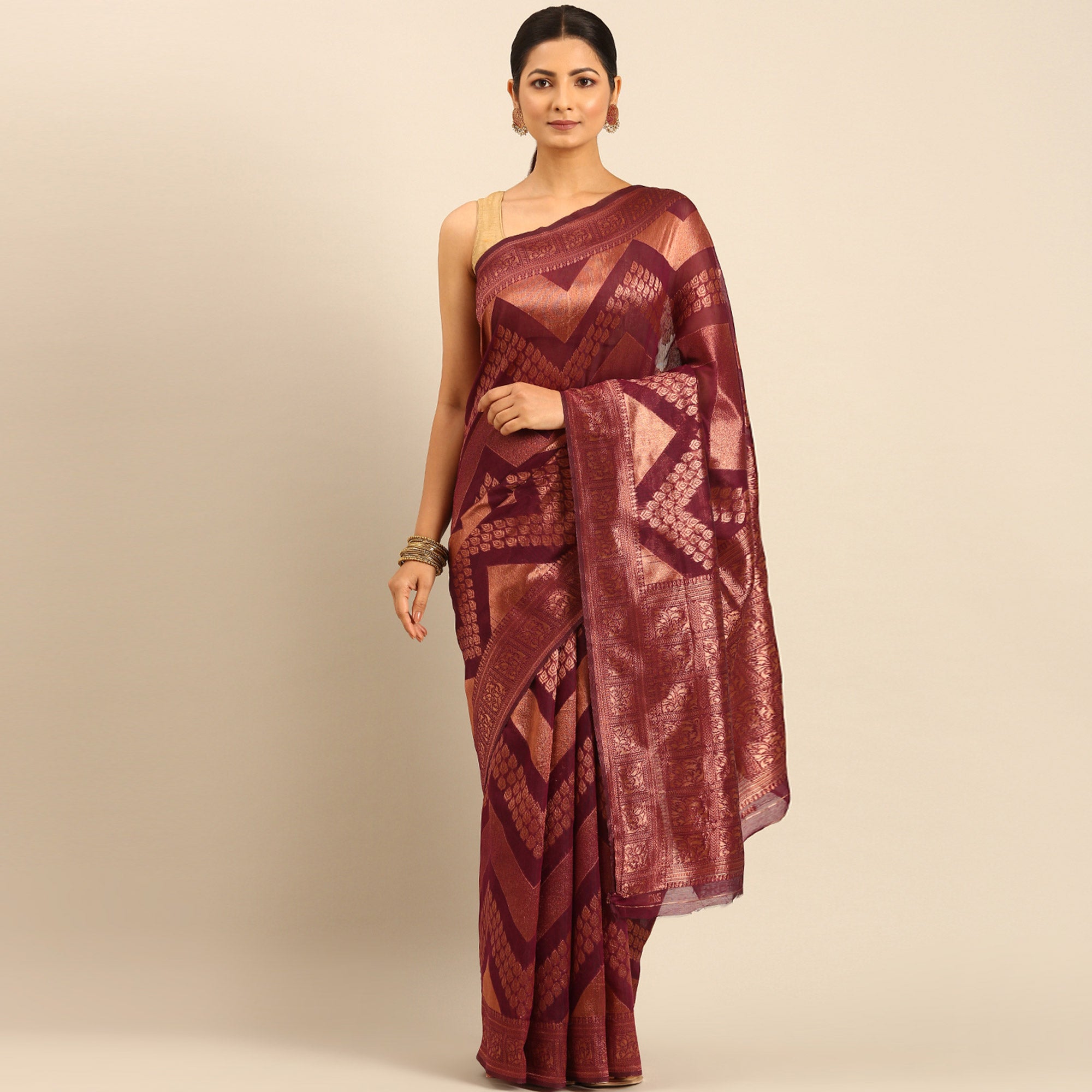 Wine Floral Woven Cotton Silk Saree