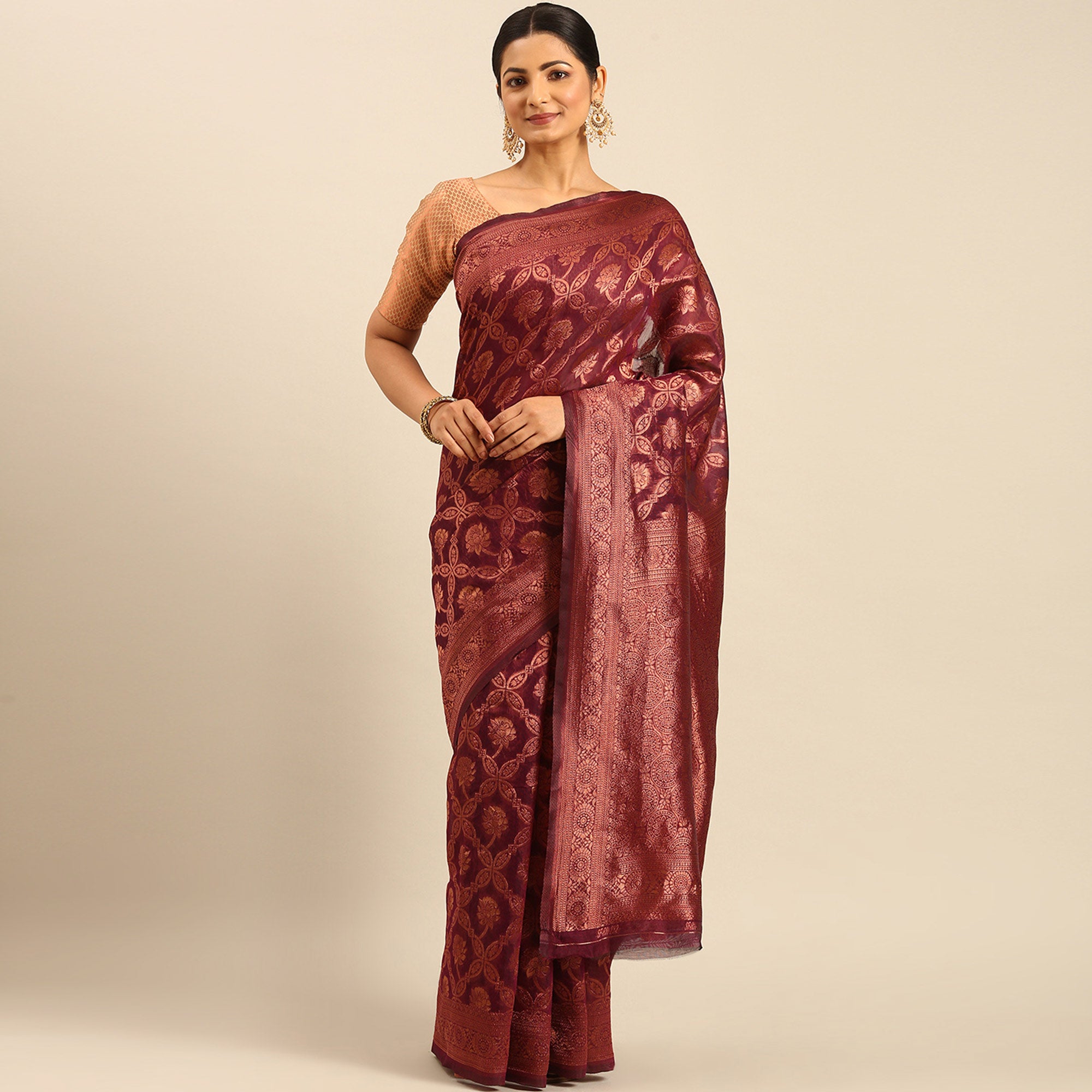 Wine Floral Woven Cotton Silk Saree