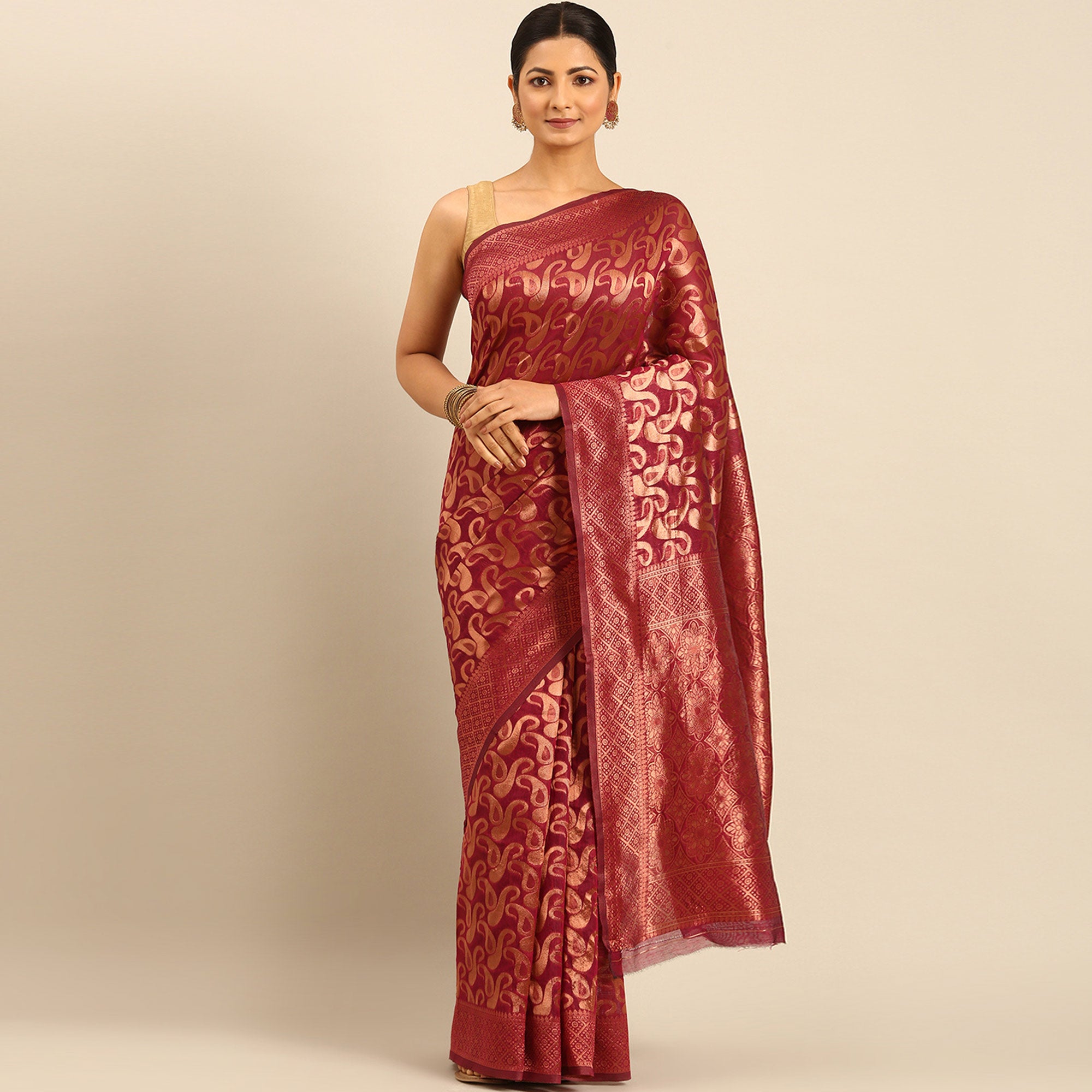 Magenta Floral Woven Cotton Silk Saree