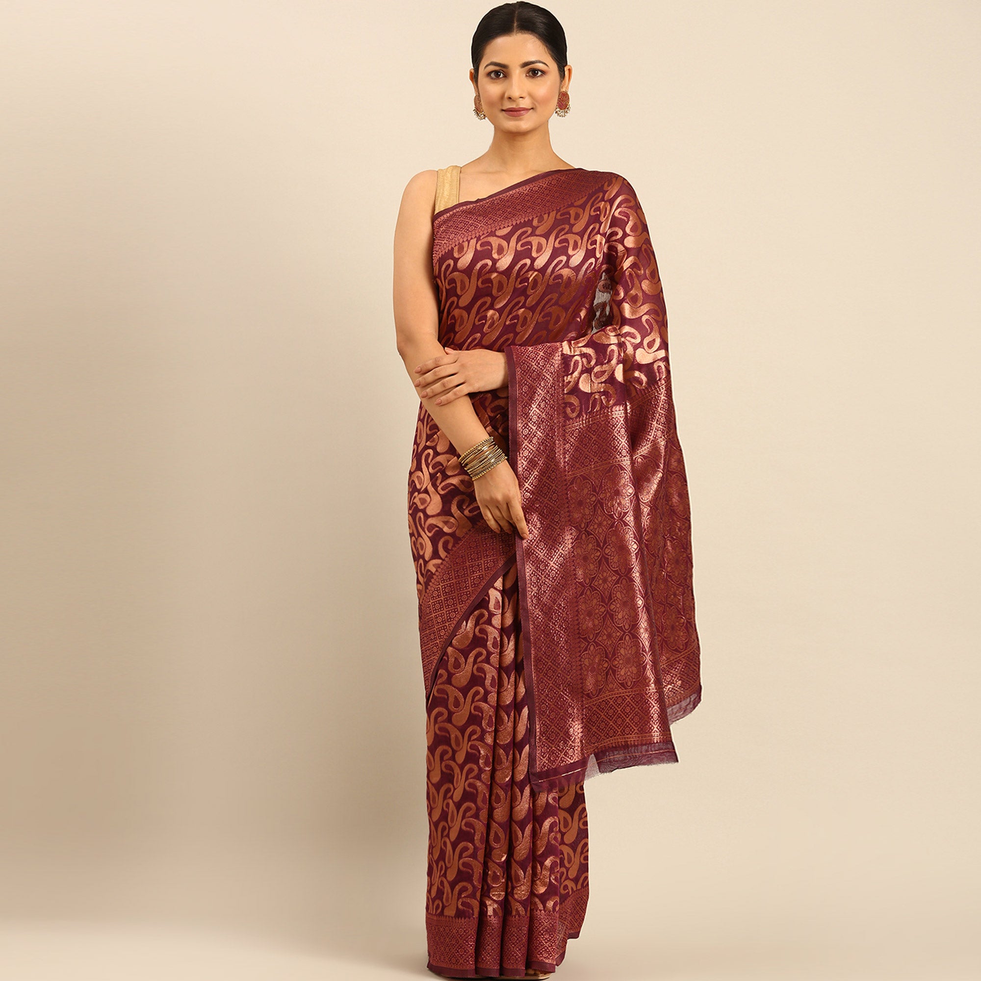 Wine Floral Woven Cotton Silk Saree