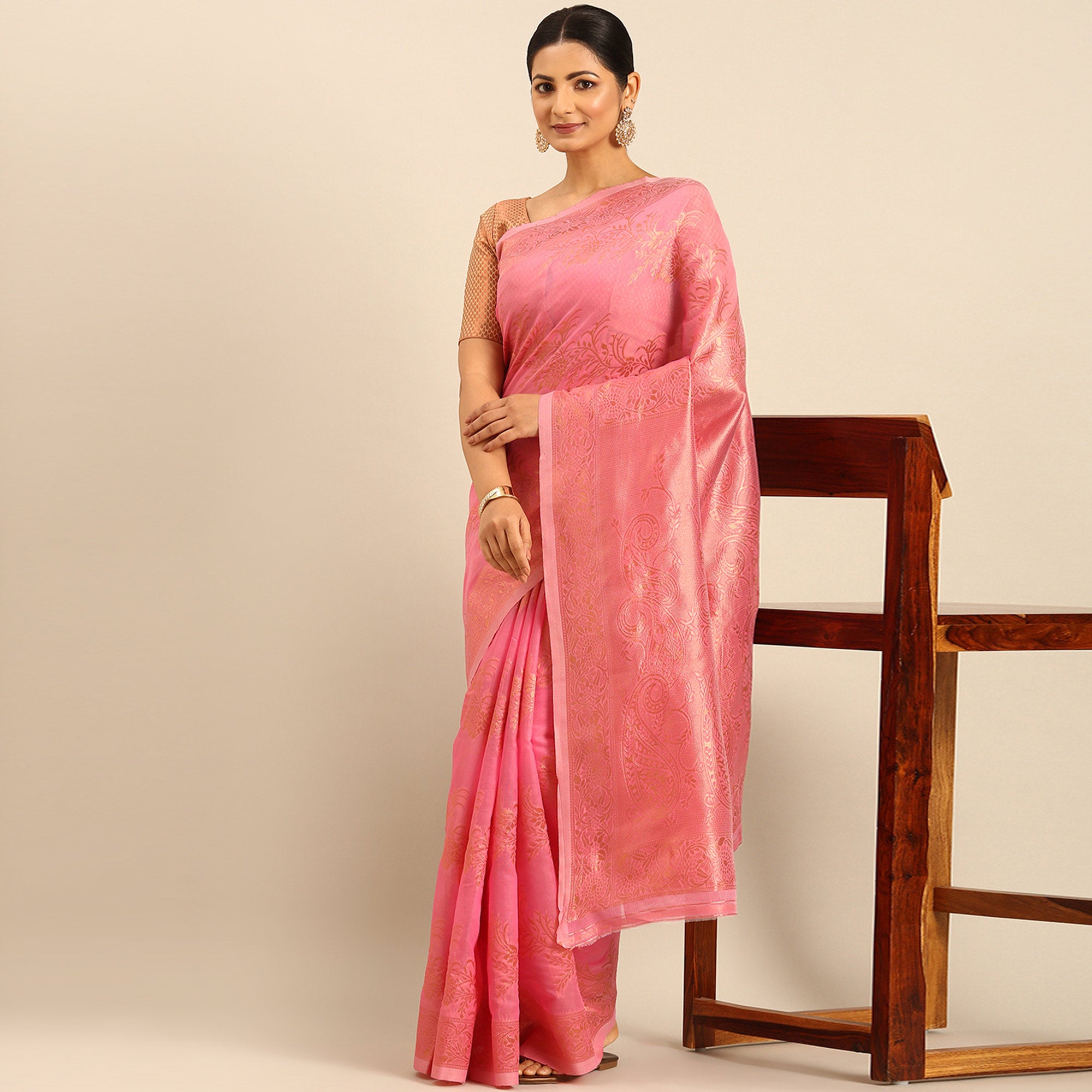 Pink Floral Woven Cotton Silk Saree