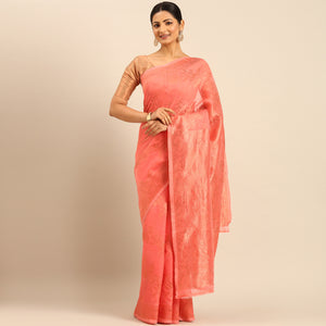 Gajari Pink Floral Woven Cotton Silk Saree