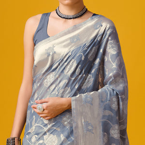 Grey Floral Woven Cotton Blend Saree