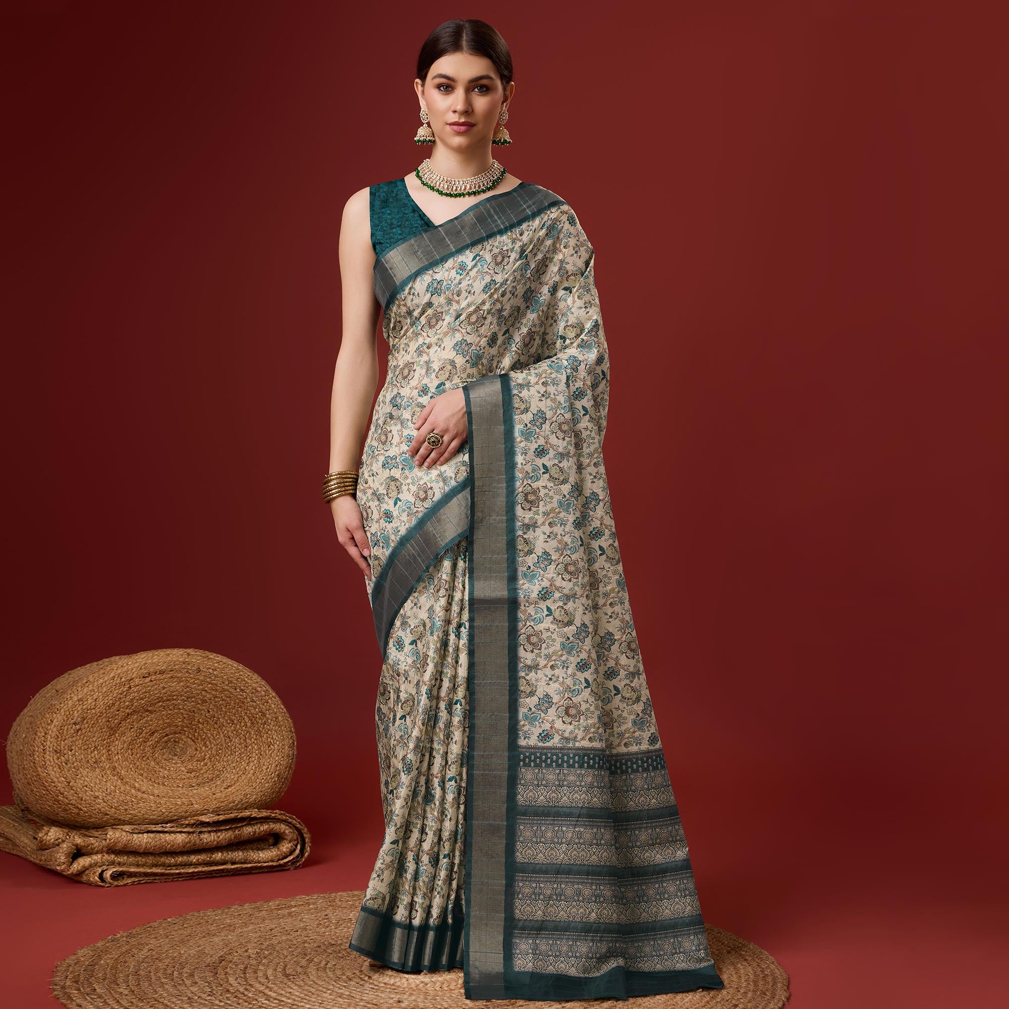 Dusty Cream Digital Printed Cotton Silk Saree