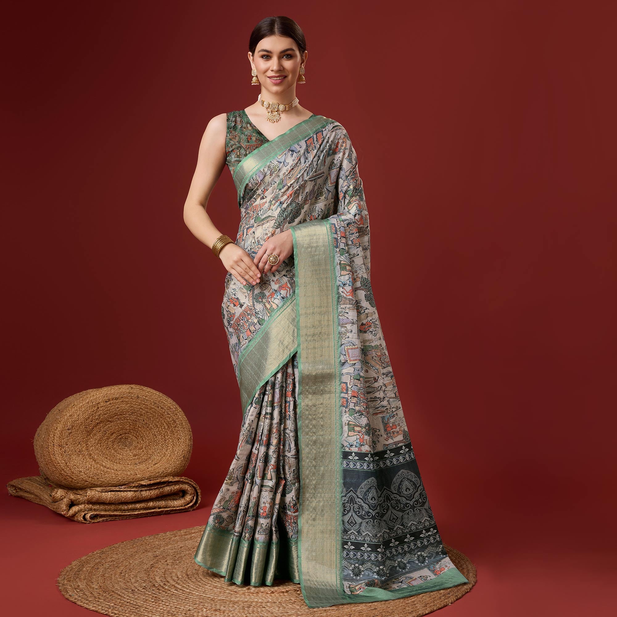 Ash Grey Digital Printed Cotton Silk Saree