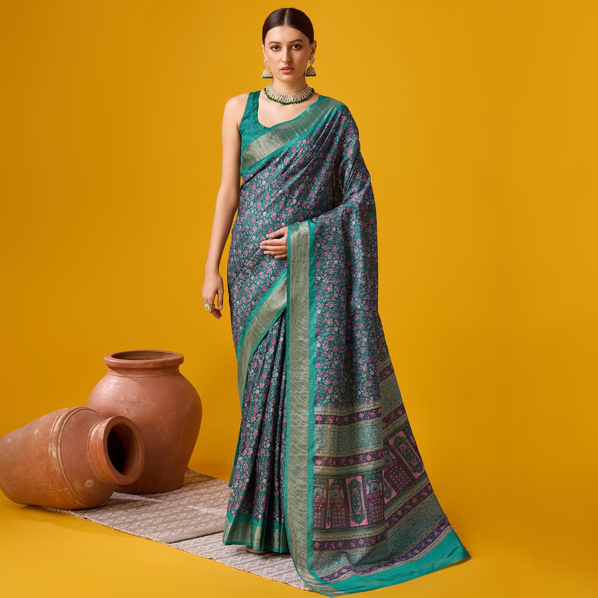 Rama Green Digital Printed Cotton Silk Saree