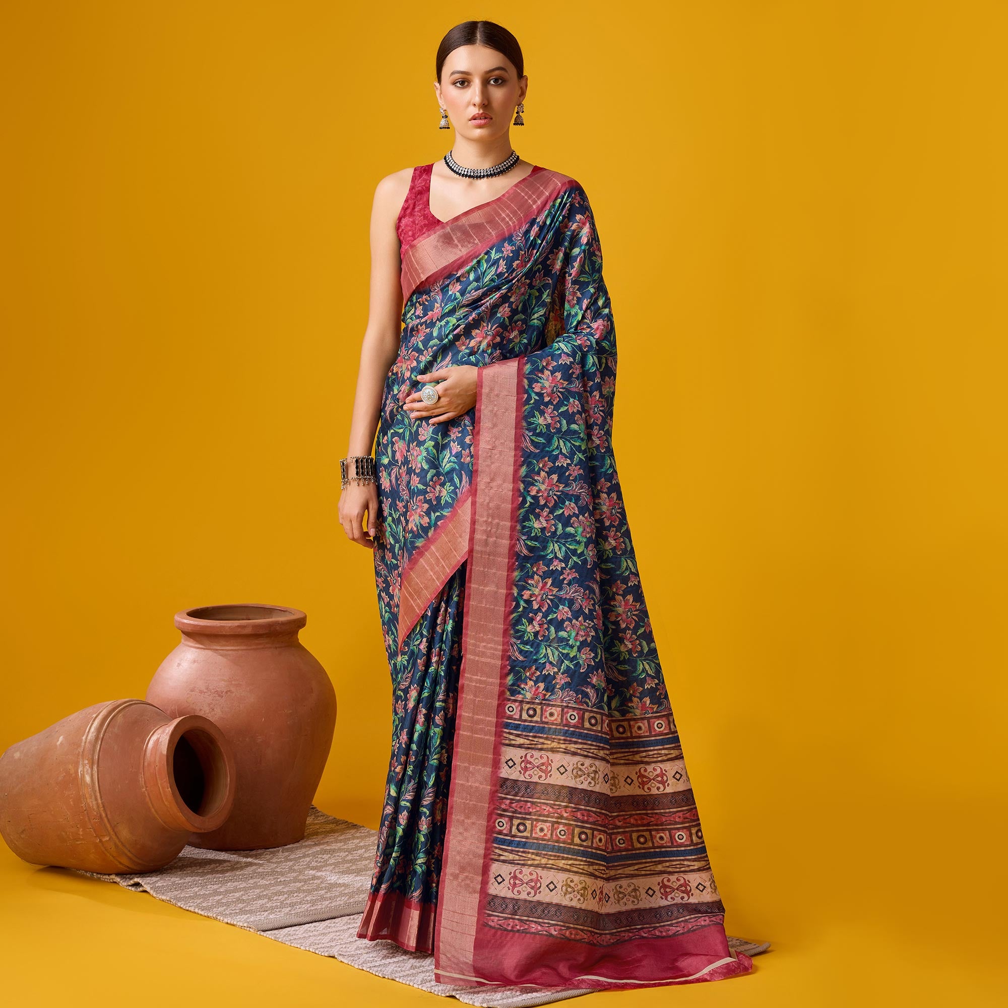 Navy Blue Digital Printed Cotton Silk Saree